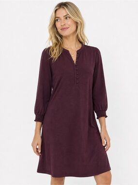 J.Jill Plum Knit Henley Shift Dress Smocked Shoulders 3/4 Sleeve Large